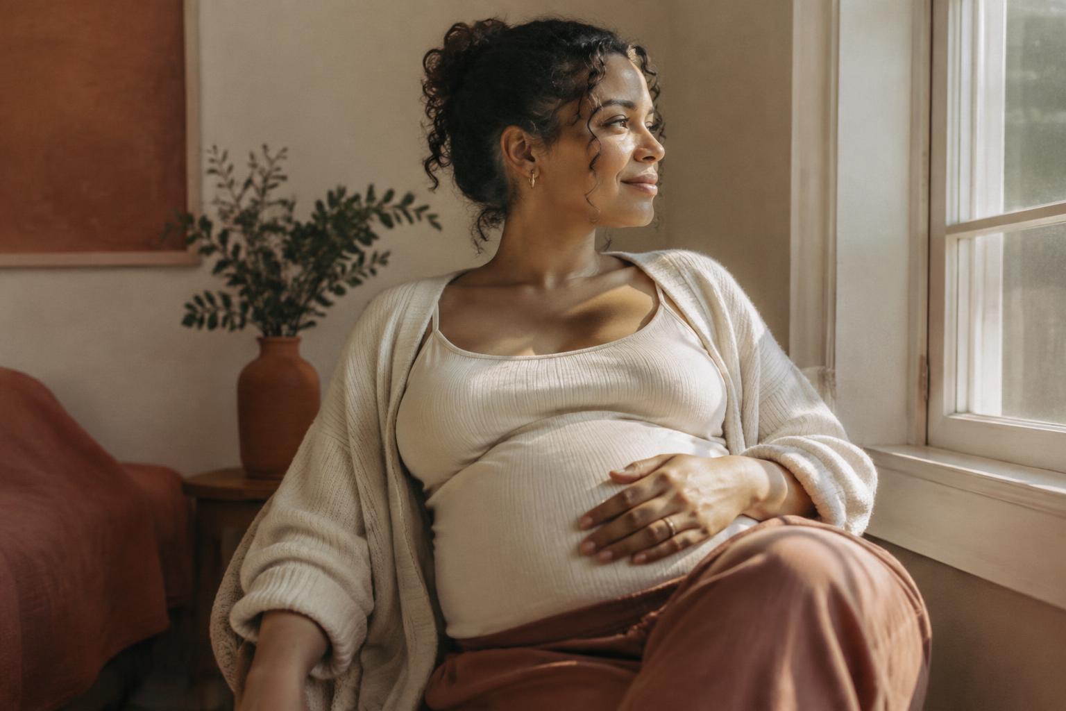Expectant parent sitting in warm window light